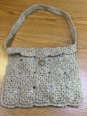 Crochet Woven Shoulder Bag in Light Beige